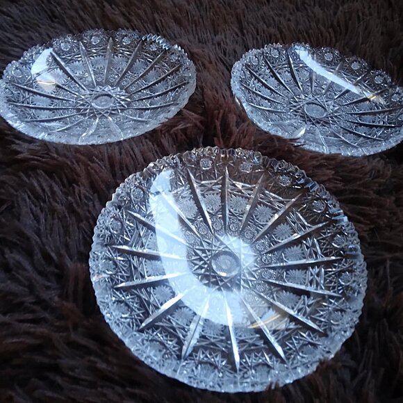 3 Vintage American Brilliant Hand Cut Crystal Lace and Hobstar Trinket Dishes - Picture 13 of 13